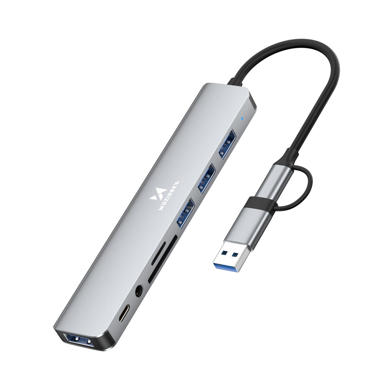 Wozinsky WAH-81 8-i-1 USB-hub med USB 3.0 SD-kortlæser og lydudgang – grå