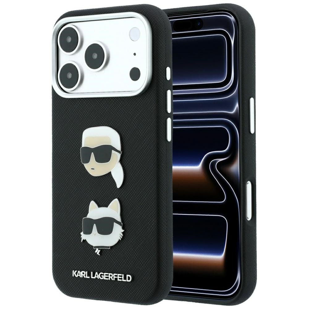 Karl Lagerfeld Saffiano-etui m. Karl & Choupette-figurer, pins & logo til iPhone 18/17 Pro – Sort