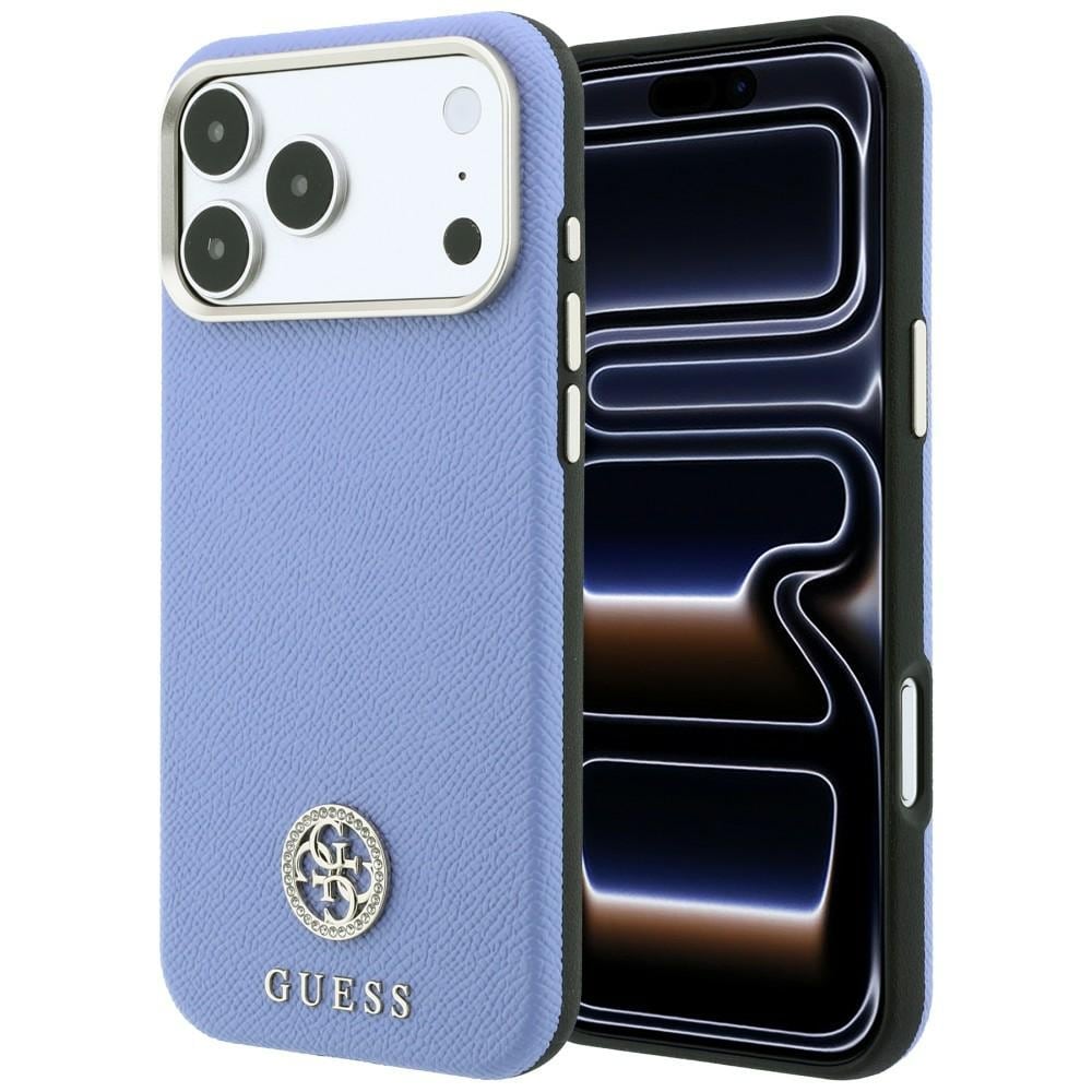 Guess MagSafe-etui m. struktureret overflade, runde strass-sten & logo til iPhone 18/17 Pro – Blå