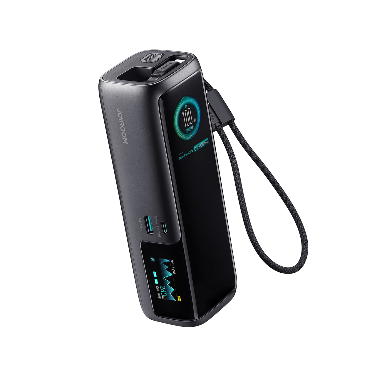 Joyroom PODIX PR70 25.000 mAh powerbank op til 240 W, 2 indbyggede USB-C-kabler, 2 TFT-skærme – grå