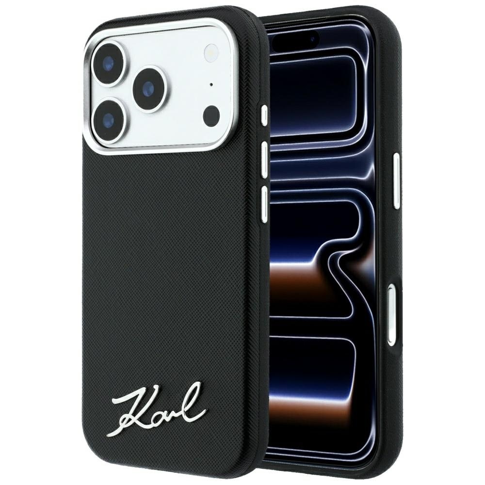 Karl Lagerfeld Saffiano Small Script Metal Logo MagSafe-etui til iPhone 18 Pro / 17 Pro – Sort