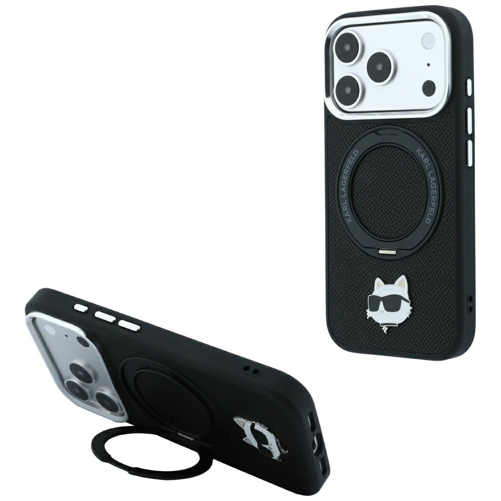 Karl Lagerfeld m/ringholder, 360° Choupette-hovednål & MagSafe-etui til iPhone 18/17 Pro Max – Sort