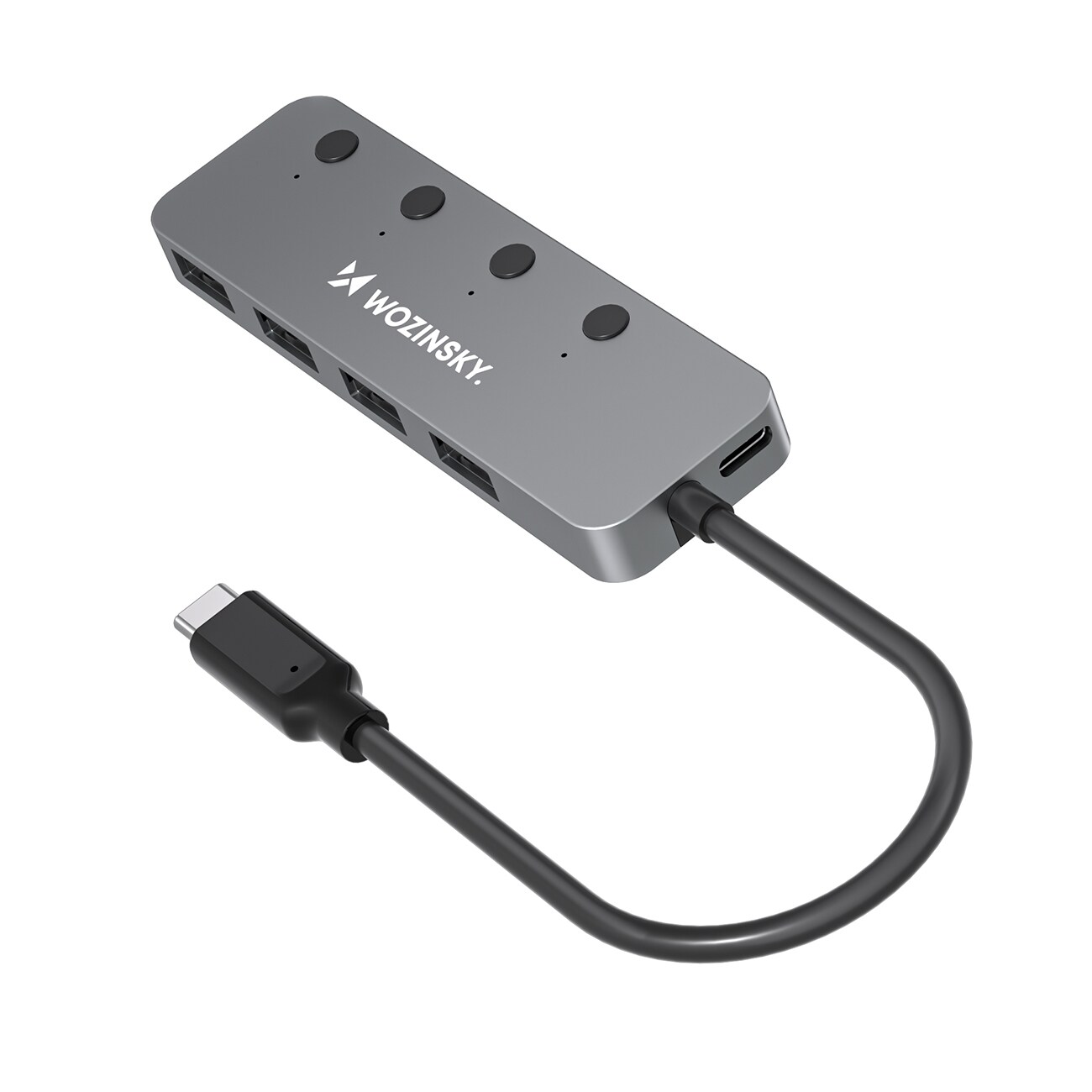 Wozinsky WHS080YSS 4x USB-A 3.0-hub i aluminium m. individuelle afbrydere, 15 cm USB-C-kabel – grå