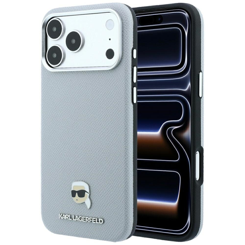 Karl Lagerfeld Grained Karl Head Metal MagSafe-etui til iPhone 18 Pro Max / 17 Pro Max – Grå