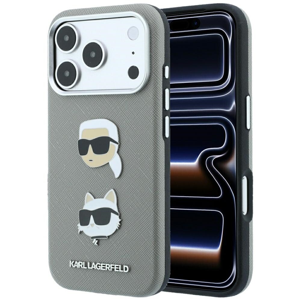 Karl Lagerfeld Saffiano-etui m. Karl & Choupette-figurer, pins & logo til iPhone 18/17 Pro – Grå