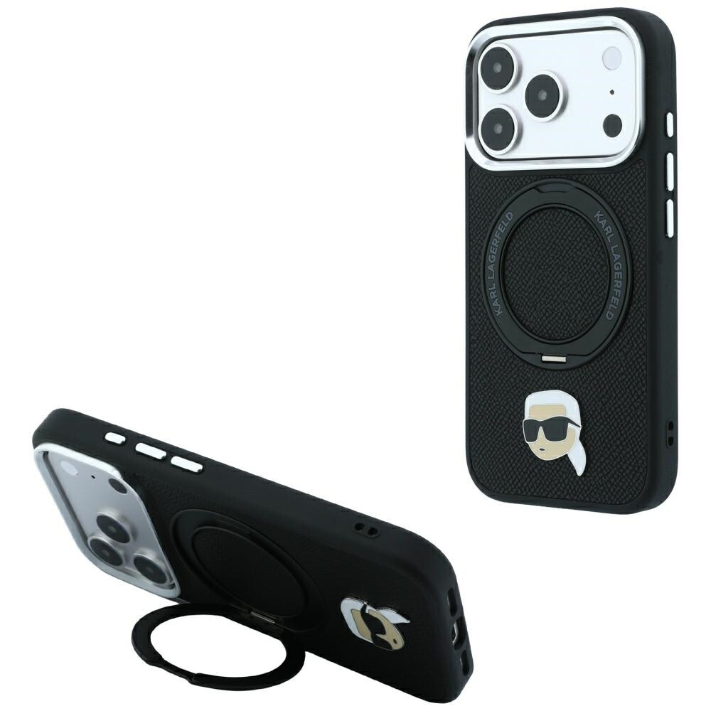Karl Lagerfeld 360 Karl Head Pin MagSafe-etui m/ringholder til iPhone 18/17 Pro Max – Sort