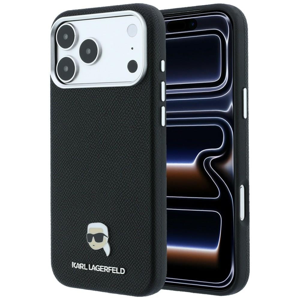 Karl Lagerfeld Grained Karl Head Metal MagSafe-etui til iPhone 18 Pro Max / 17 Pro Max – Sort