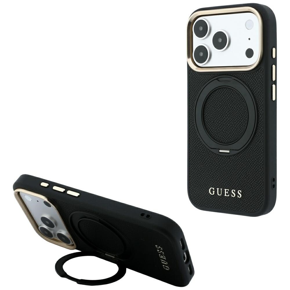 Guess Ring Stand 360 Grained Classic Logo MagSafe-etui til iPhone 18 Pro Max / 17 Pro Max – Sort
