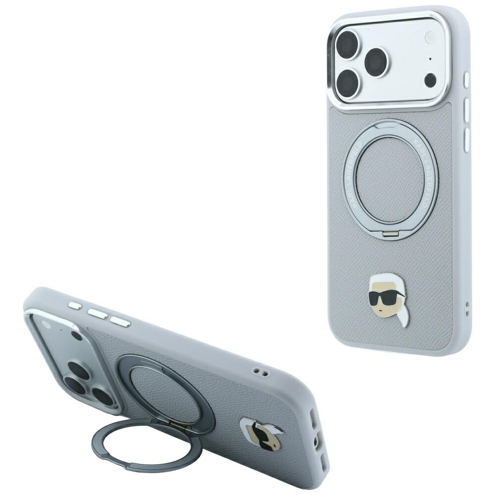 Karl Lagerfeld med ringholder 360 Karl Head Pin MagSafe-etui til iPhone 18/17 Pro Max – grå