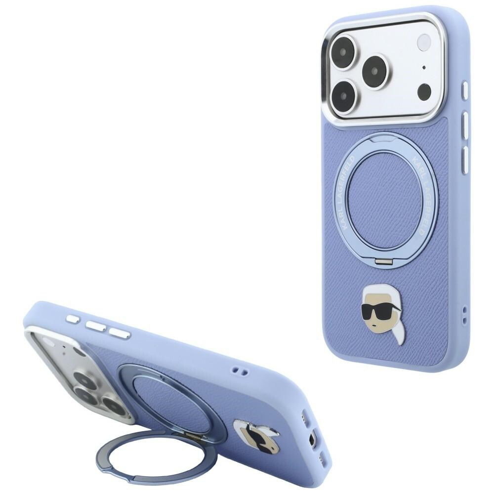 Karl Lagerfeld 360 Karl Head Pin MagSafe-etui m/ringholder til iPhone 18/17 Pro Max – lyseblå