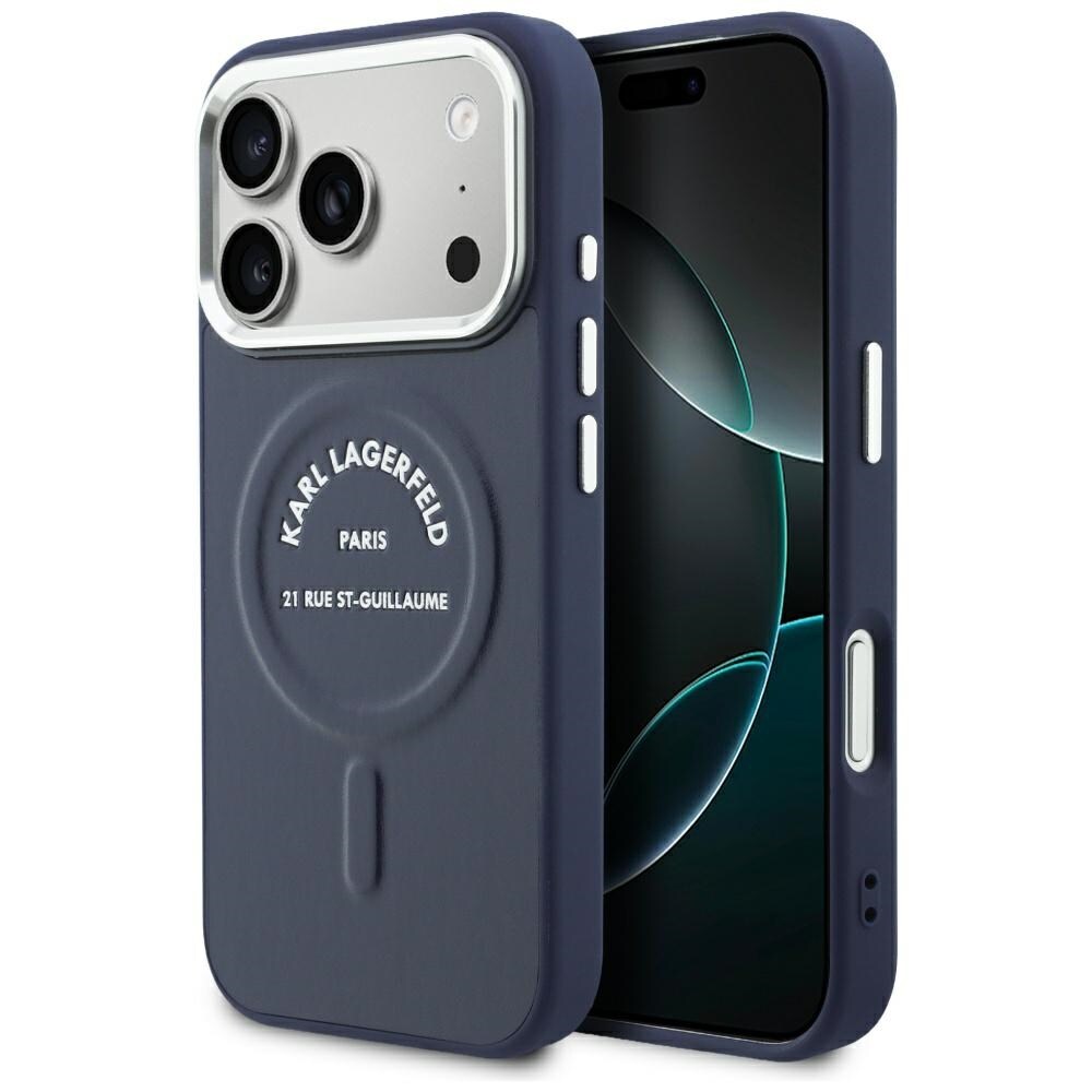 Karl Lagerfeld præget åben ring m. RSG-logo & MagSafe-etui til iPhone 18/17 Pro Max – Blå
