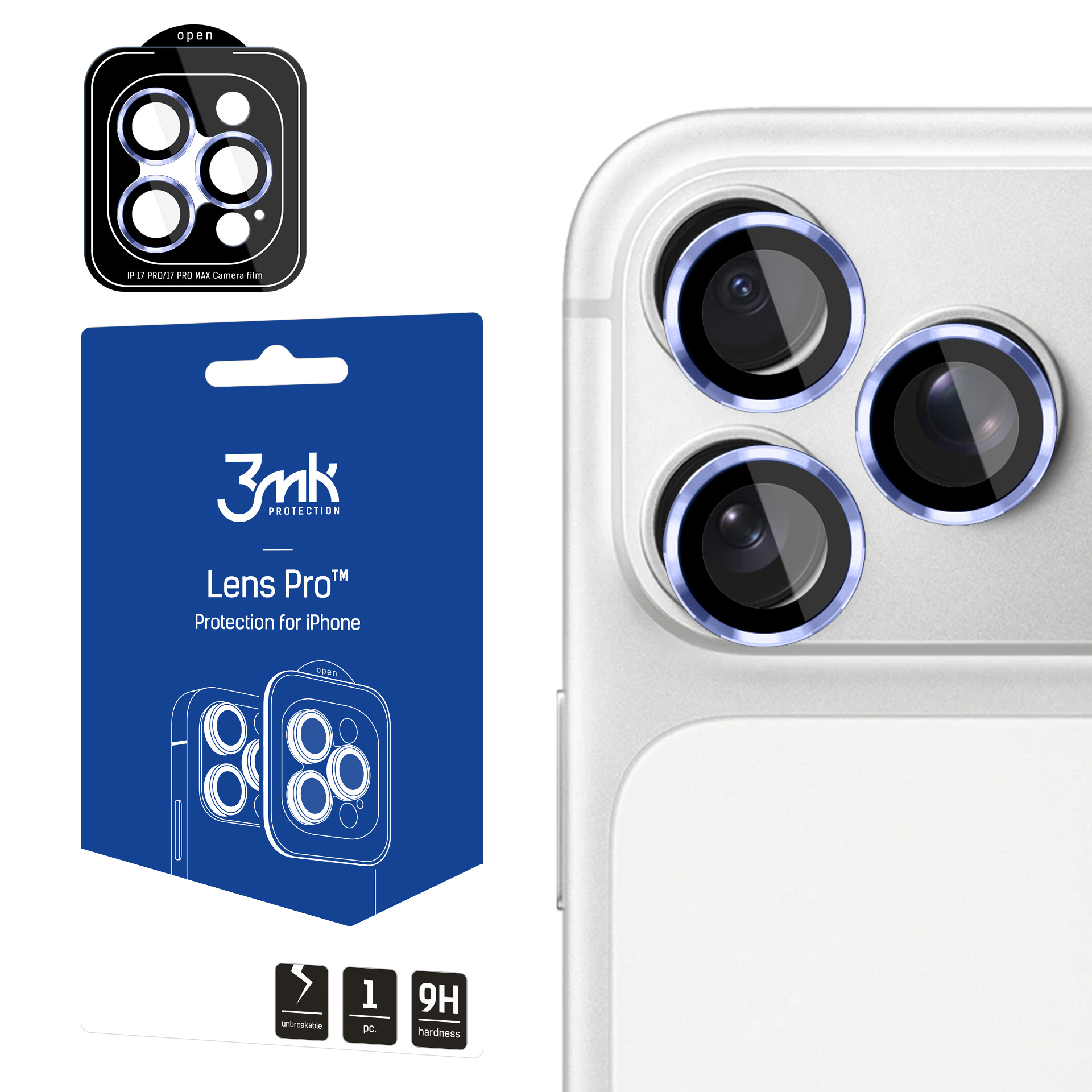 3mk Lens Protection Pro – sort hærdet glas til iPhone 18 Pro / 18 Pro Max – lyseblå