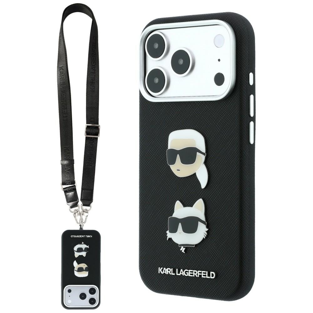 Karl Lagerfeld Saffiano Karl&Choupette etui til iPhone 18/17 Pro m. rem & logo – Sort