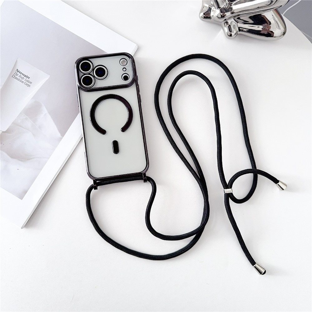 Til iPhone 18 Pro Max / 17 Pro Max – MagSafe-kompatibelt galvaniseret TPU-cover m. lang snor – sort
