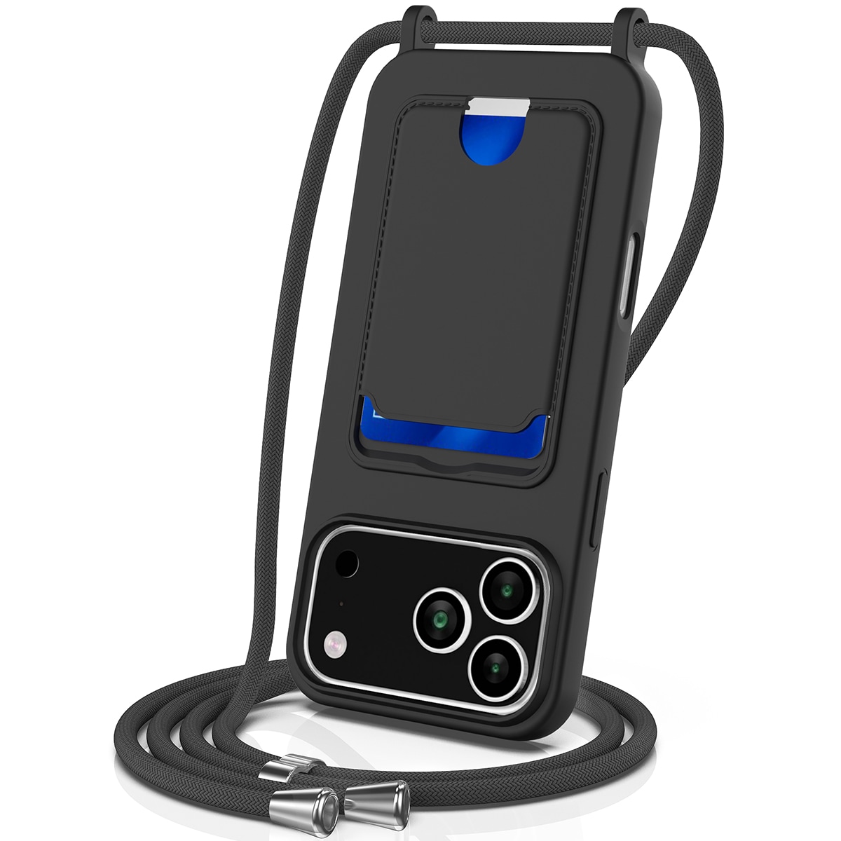 Til iPhone 18 Pro Max / 17 Pro Max: Flydende silikone-etui m. kortholder & snor – sort