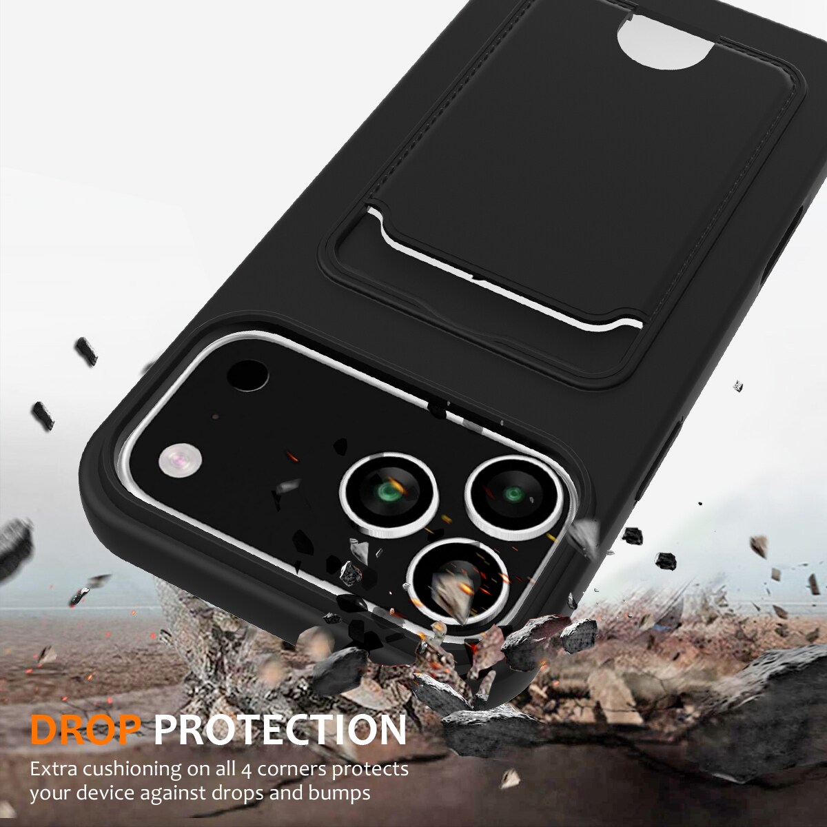 Til iPhone 18 Pro Max / 17 Pro Max: Flydende silikone-etui m. kortholder & snor – sort