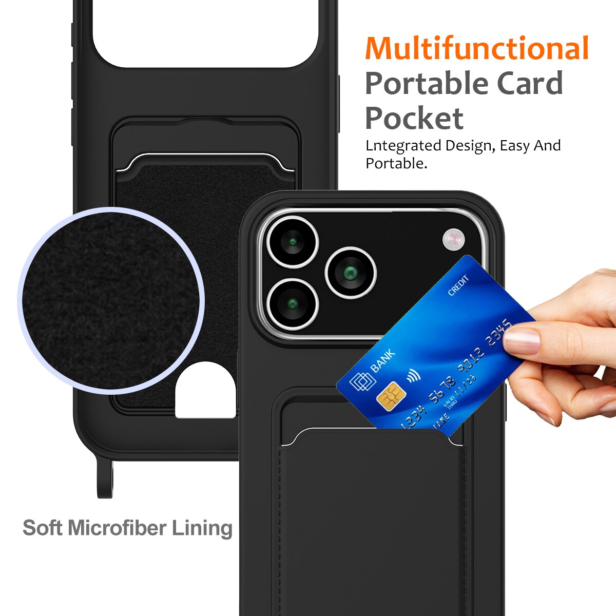 Til iPhone 18 Pro Max / 17 Pro Max: Flydende silikone-etui m. kortholder & snor – sort