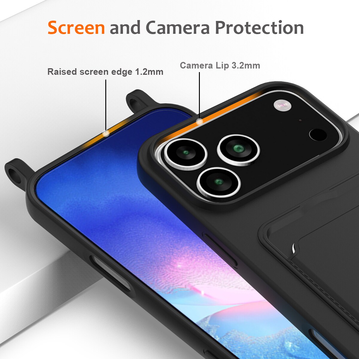 Til iPhone 18 Pro Max / 17 Pro Max: Flydende silikone-etui m. kortholder & snor – sort