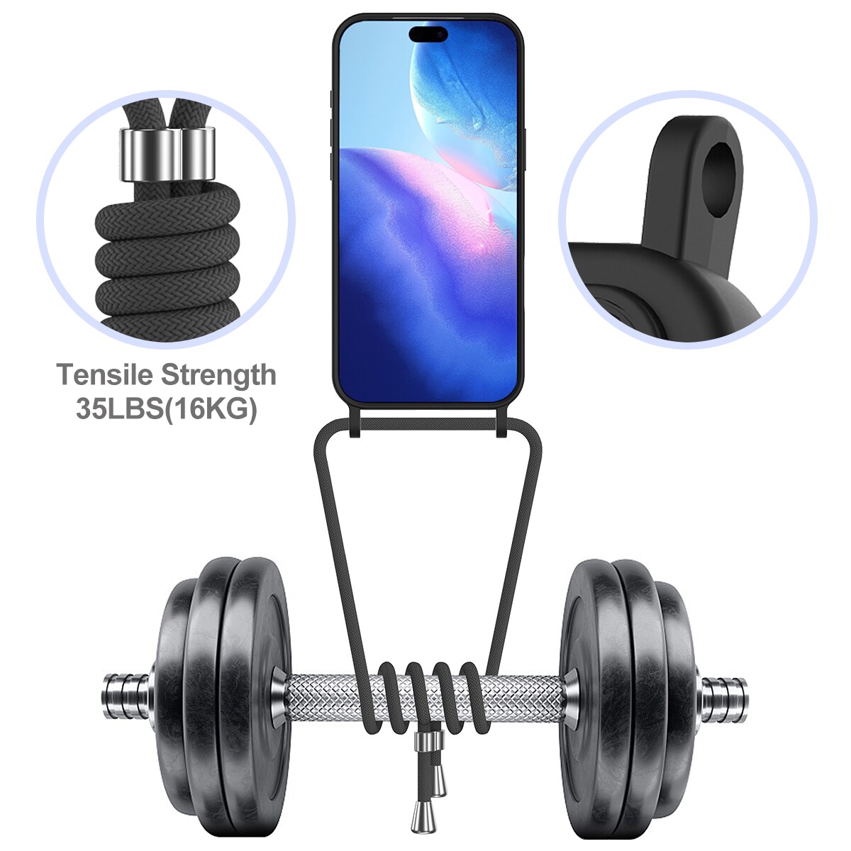 Til iPhone 18 Pro Max / 17 Pro Max: Flydende silikone-etui m. kortholder & snor – sort