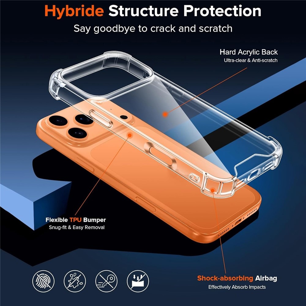 Hybrid-etui i akryl og TPU til iPhone 18 Pro Max / 17 Pro Max med kamerabeskyttelse – gennemsigtigt