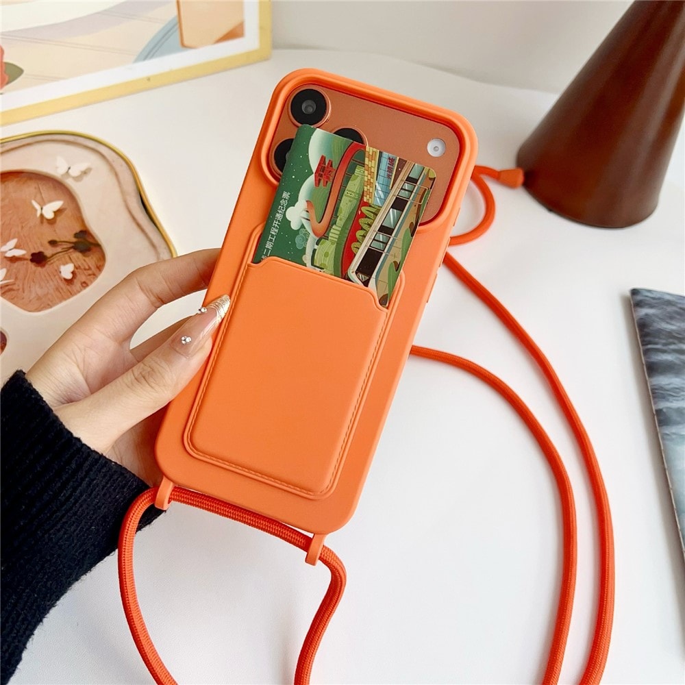 Silikoneetui med kortlomme og rem til iPhone 18 Pro Max / 17 Pro Max – orange