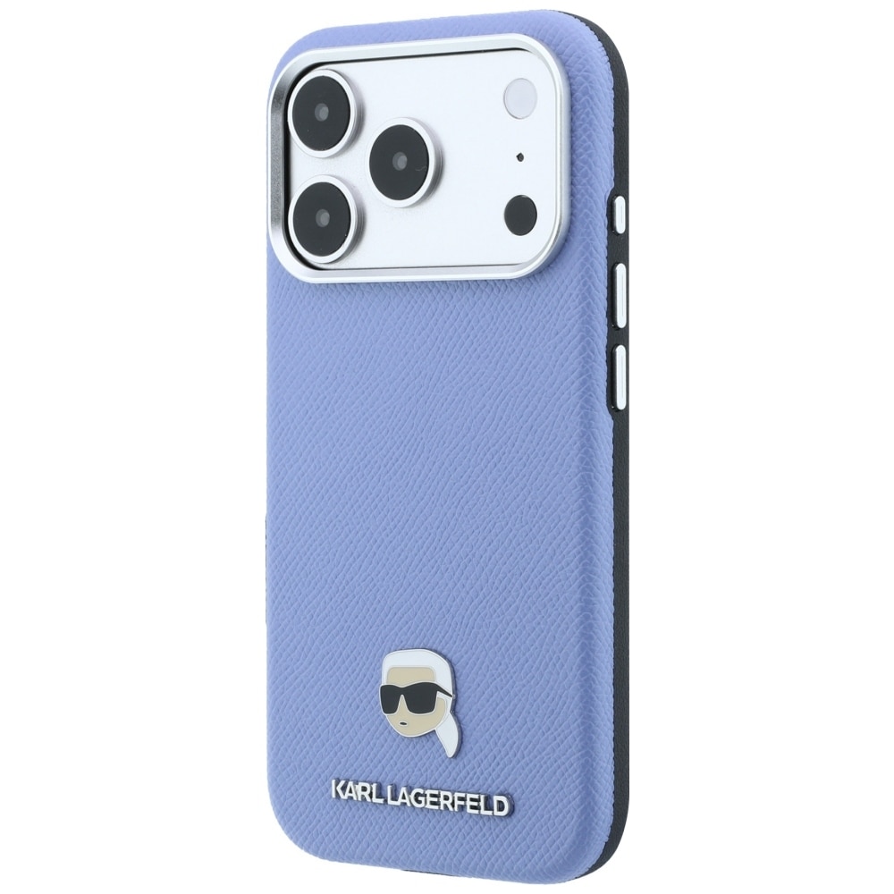 Karl Lagerfeld Grained Karl Head Metal MagSafe-etui til iPhone 18 Pro / 17 Pro – Lysblå