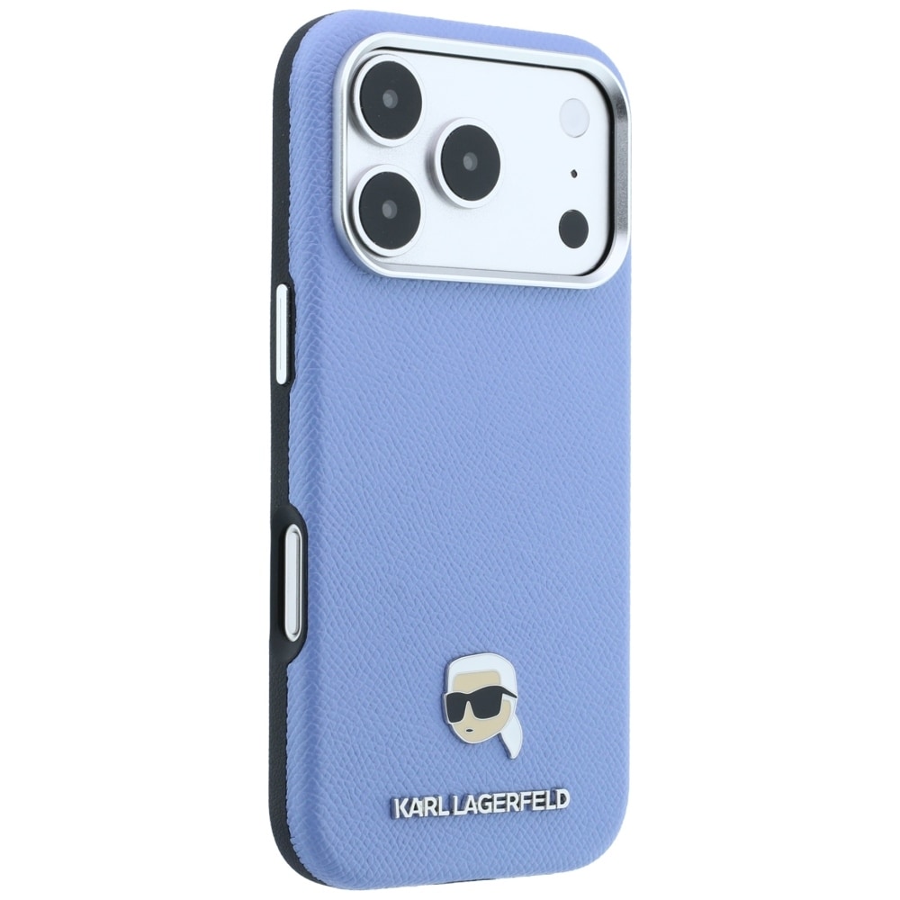 Karl Lagerfeld Grained Karl Head Metal MagSafe-etui til iPhone 18 Pro / 17 Pro – Lysblå