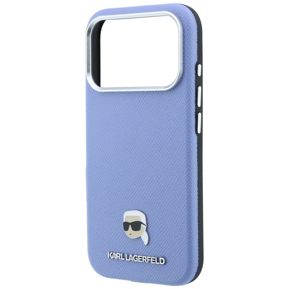 Karl Lagerfeld Grained Karl Head Metal MagSafe-etui til iPhone 18 Pro / 17 Pro – Lysblå