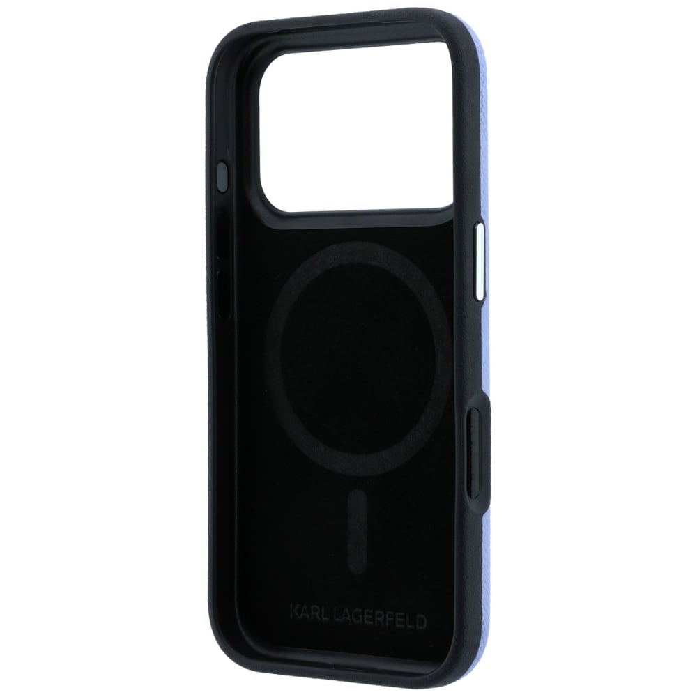 Karl Lagerfeld Grained Karl Head Metal MagSafe-etui til iPhone 18 Pro / 17 Pro – Lysblå