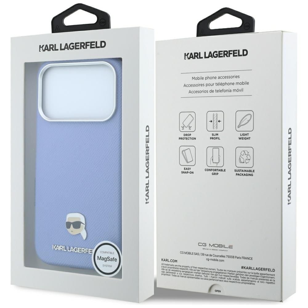 Karl Lagerfeld Grained Karl Head Metal MagSafe-etui til iPhone 18 Pro / 17 Pro – Lysblå