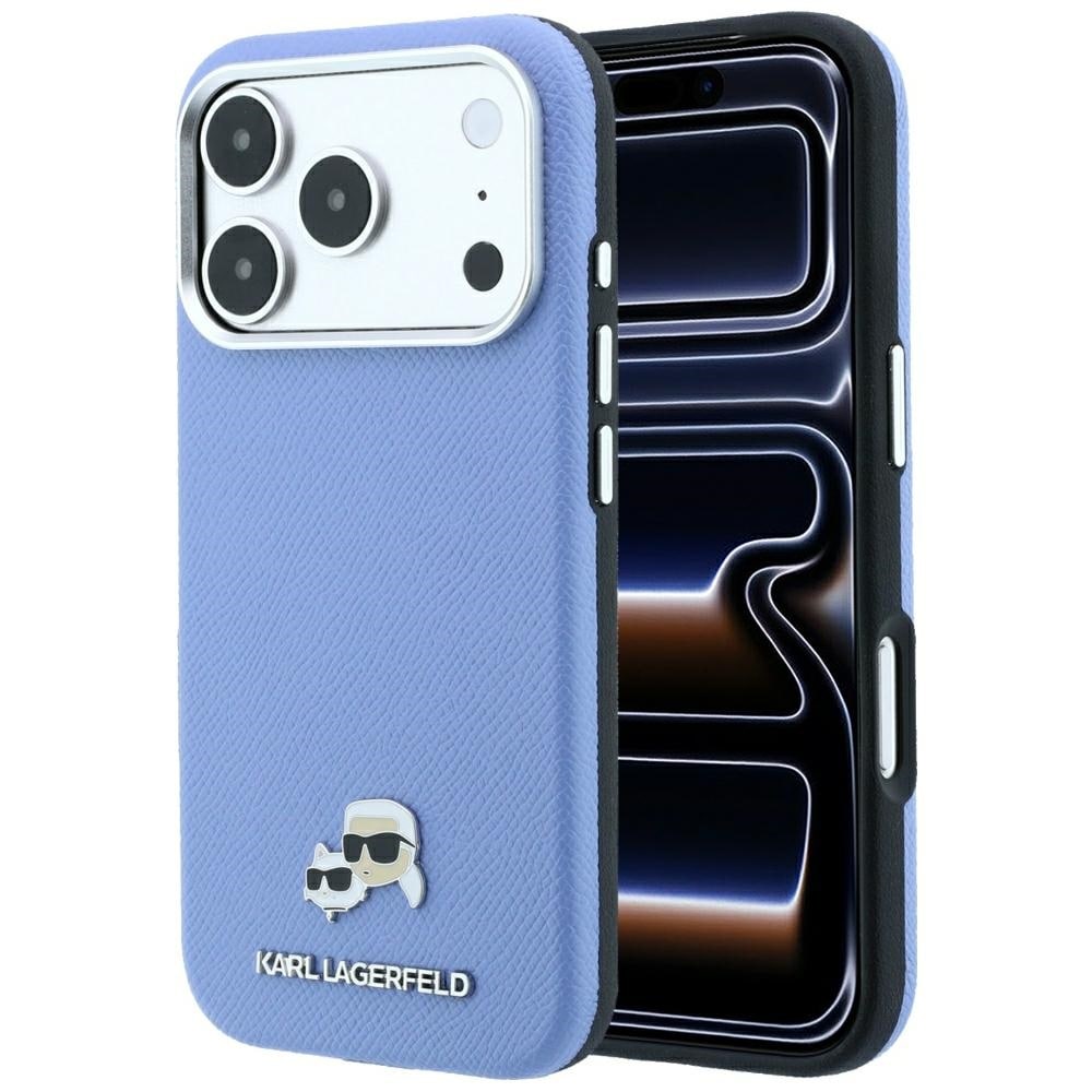 Karl Lagerfeld Grained Heads Metal MagSafe-etui til iPhone 18 Pro / 17 Pro – Blå