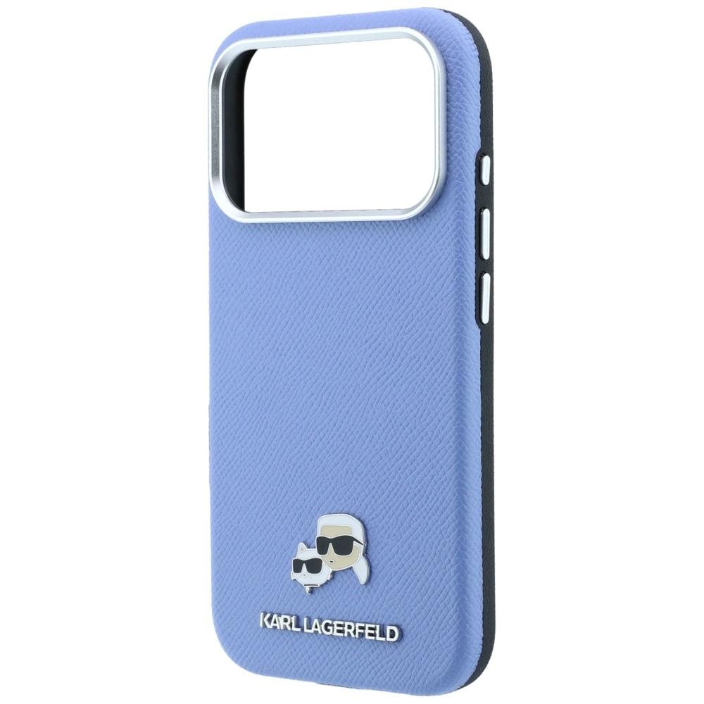 Karl Lagerfeld Grained Heads Metal MagSafe-etui til iPhone 18 Pro / 17 Pro – Blå