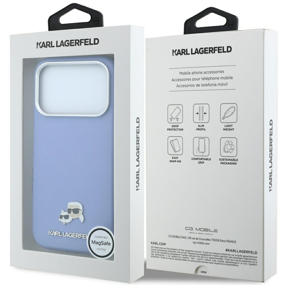 Karl Lagerfeld Grained Heads Metal MagSafe-etui til iPhone 18 Pro / 17 Pro – Blå