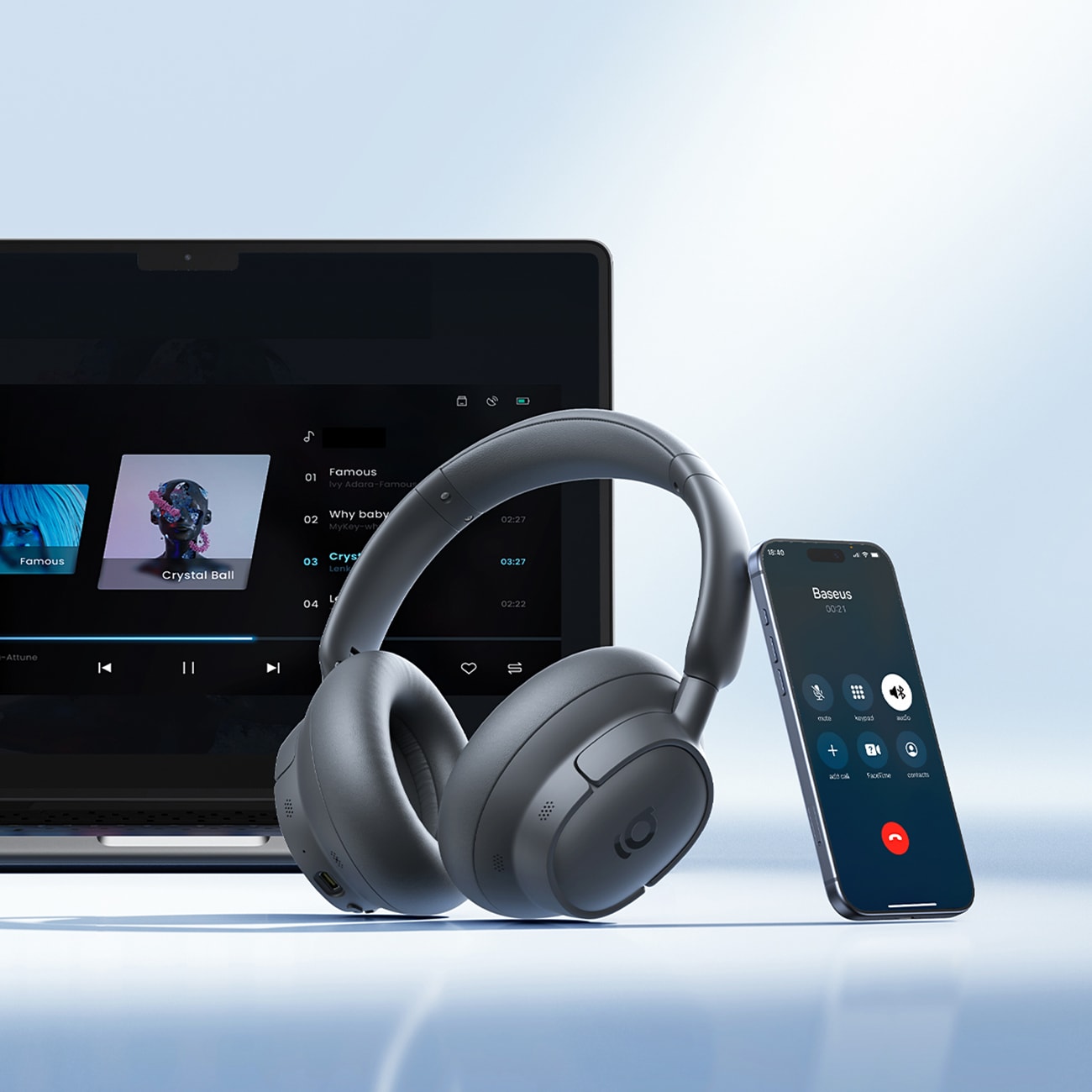 Baseus Bass BH1 NC Lite trådløse over-ear-hovedtelefoner med ANC – grå