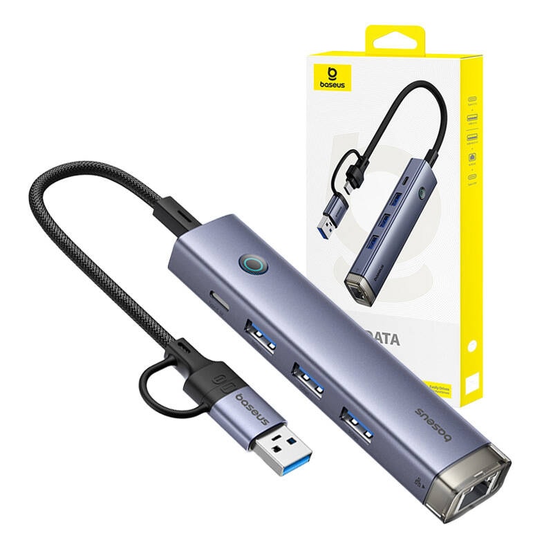 Hub 4in1 Baseus UltraJoy USB-A&USB-C til 3xUSB3.0+USB-C+RJ45 (grå)