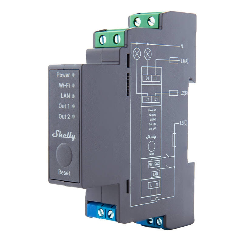Shelly Pro 2 DIN-skinne 2-kanals relæ, WiFi/LAN