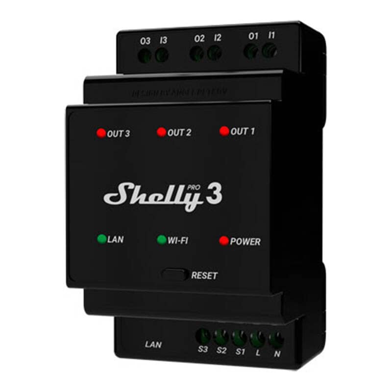 Shelly Pro 3 DIN-skinne 3-kanals relæ, WiFi/LAN