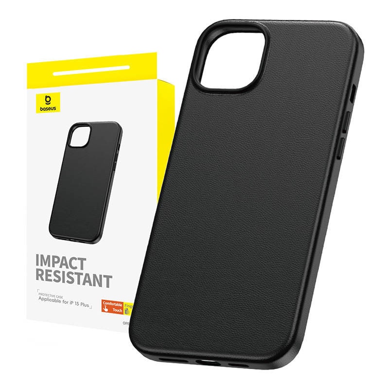 Telefontaske til iPhone 15 Plus Baseus Fauxther Series (Sort)