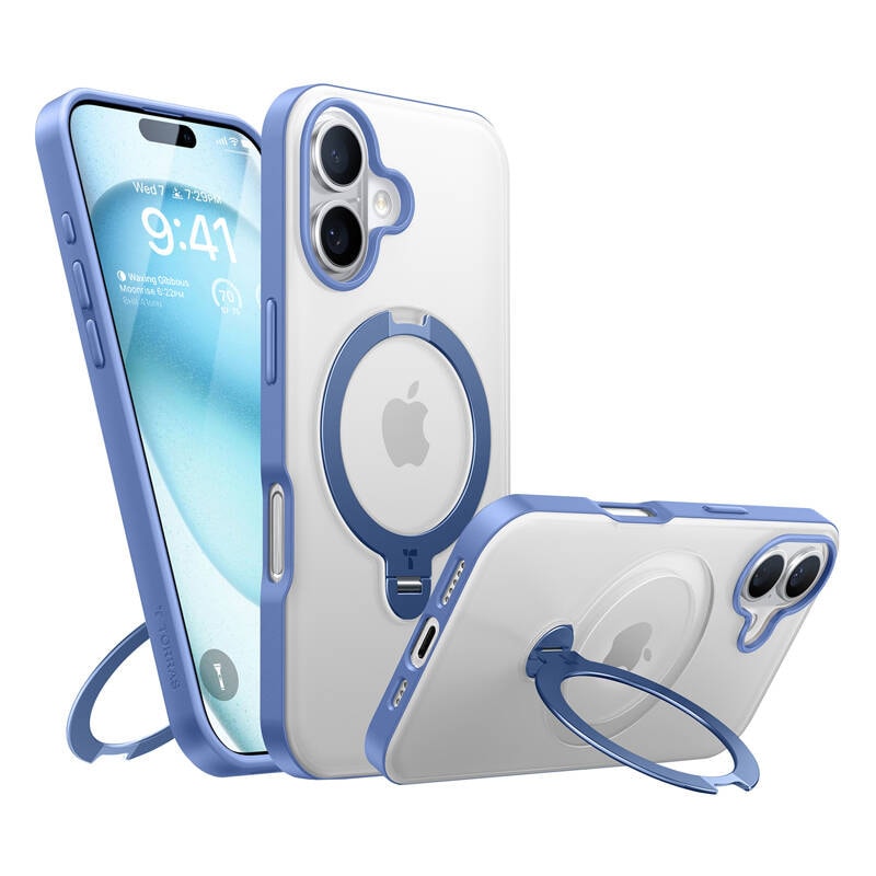 Torras Ostand Spin-etui til iPhone 16 (blå)