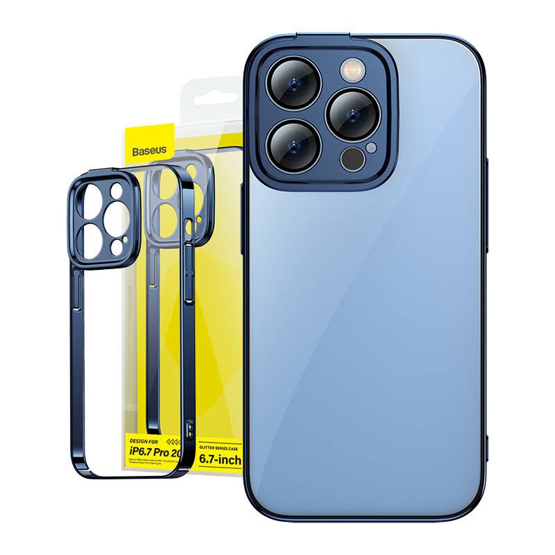 Baseus Glitter gennemsigtigt etui og hærdet glas sæt til iPhone 14 Pro Max (blå)