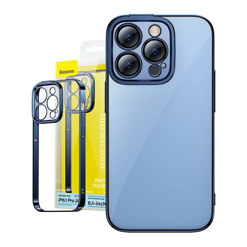 Baseus Glitter gennemsigtigt etui og hærdet glas sæt til iPhone 14 Pro (blå)