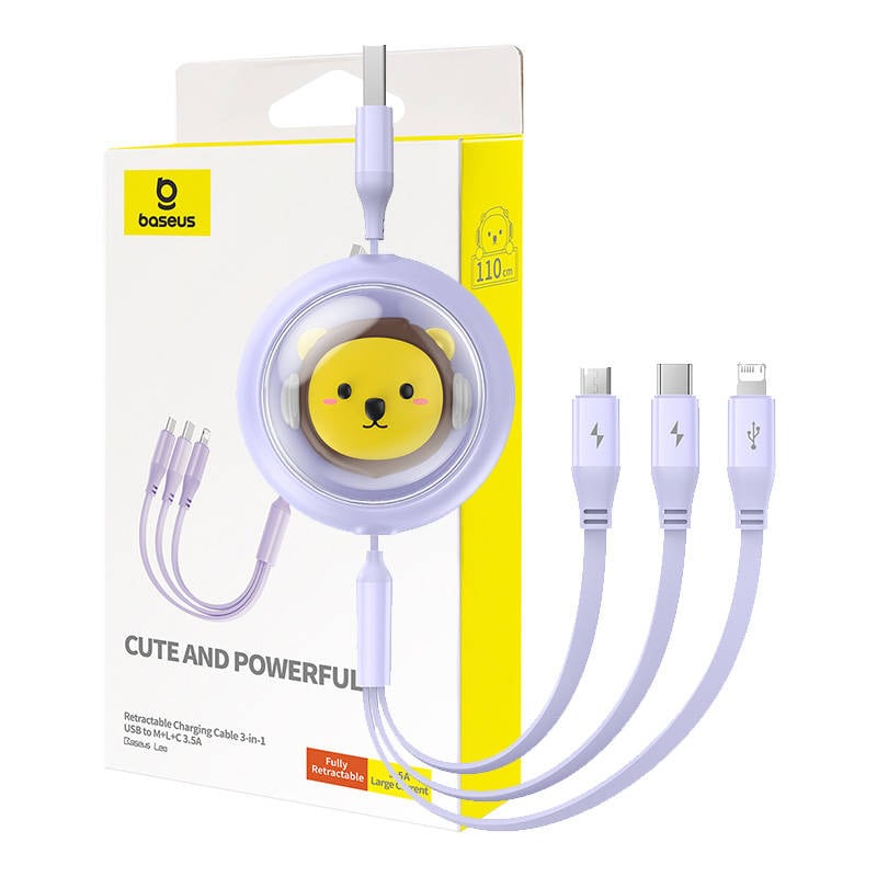 Opladningskabel 3w1 Baseus USB til USB-C, USB-M, Lightning 3,5A, 1,1m (lilla)
