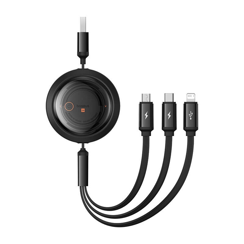 Hurtigopladningskabel 3i1 Baseus Free2Draw, USB til micro USB+USB-C+Lightning, 3,5A, 1,1 m (sort)