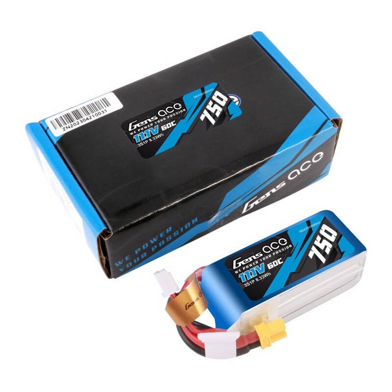 Gens Ace 750mAH 11.1V 60C 3S1P Lipo-batteri med XT30-stik