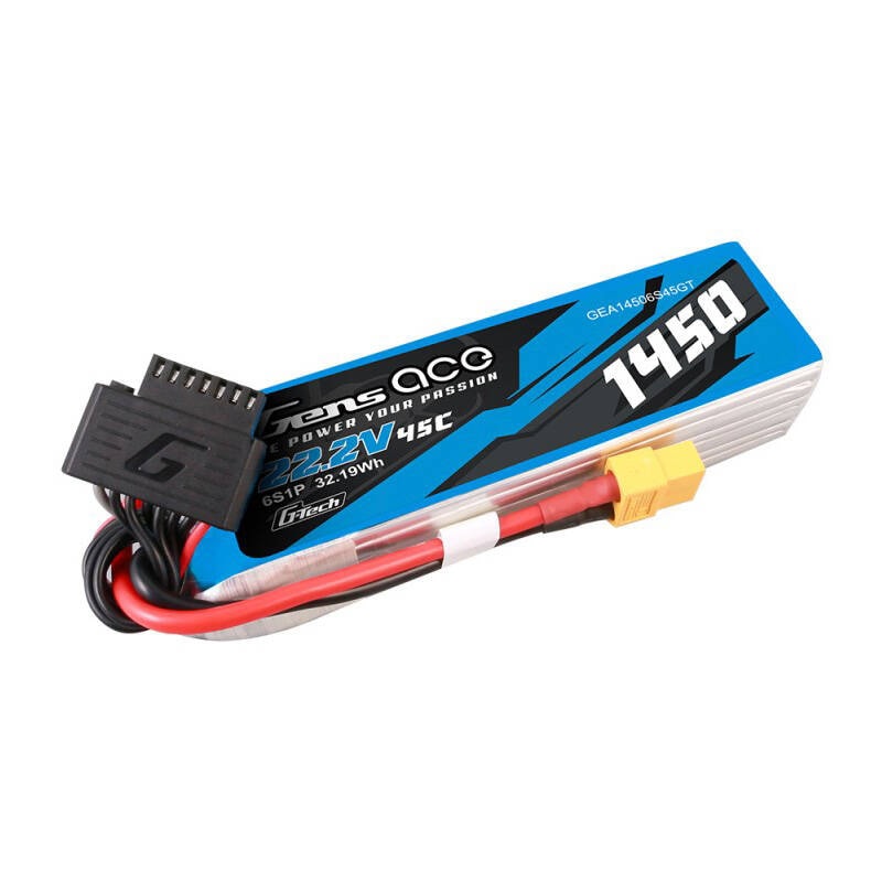Gens Ace G-Tech 1450mAh 22.2V 45C 6S1P Lipo batteripakke med XT60-stik