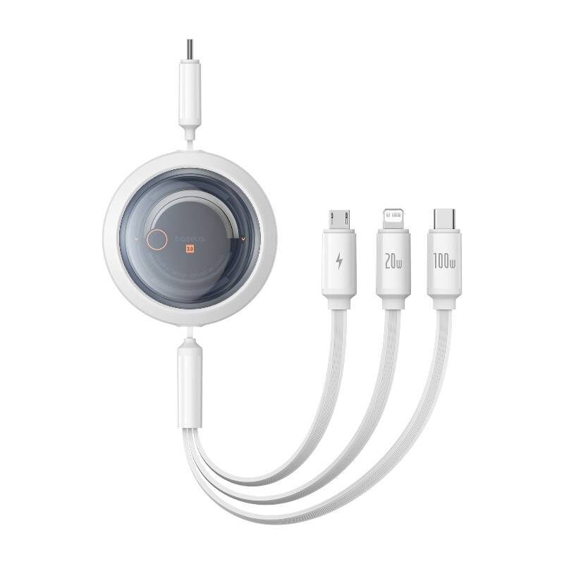 Hurtigopladningskabel 3in1 Baseus Free2Draw USB-C til USB-C/Lightning/Micro 100W, 1,1m (hvid)