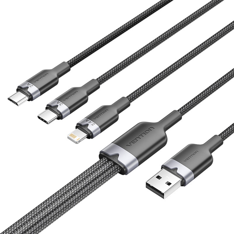 USB 2.0 A-hankabel til 3-i-1 USB-C-, Lightning- og Micro-B-hankabel Vention 3A CTPBG 1,5 m