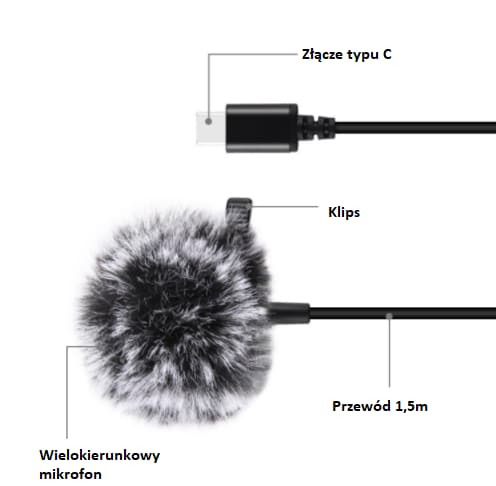 Jack Puluz slipsemikrofon med clips PU425 1,5 m USB-C