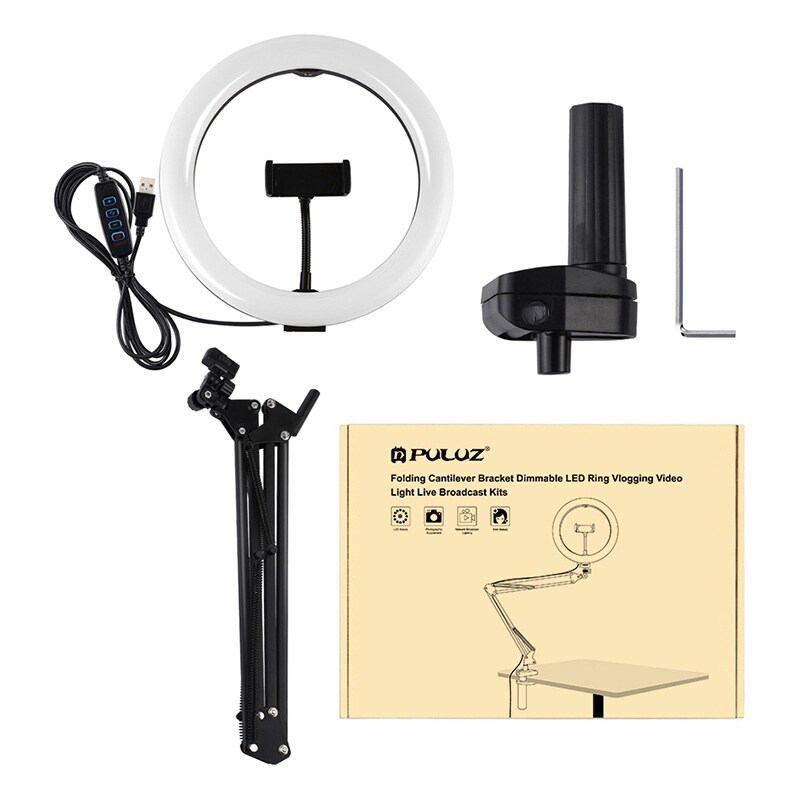 Skrivebordsarmstativ Puluz med 26 cm LED Vlogging Ring PKT3090B