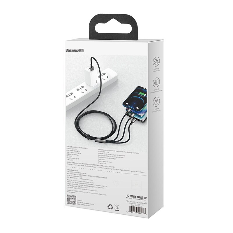 USB-kabel 3in1 Baseus Tungsten Gold, USB til micro USB / USB-C / Lightning, 3,5A, 1,5 m (sort)